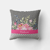 おしゃれなピンクの花柄 ブラック＆ホワイトのシェブロンと名前 クッション (裏面)
