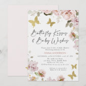おしゃれなピンクの花飾りとゴールドの蝶のキス 赤ちゃん歓迎会 招待状 (正面/裏面)