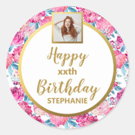 おしゃれなピンクの花, カスタム写真, ハッピーバースデー ラウンドシール
