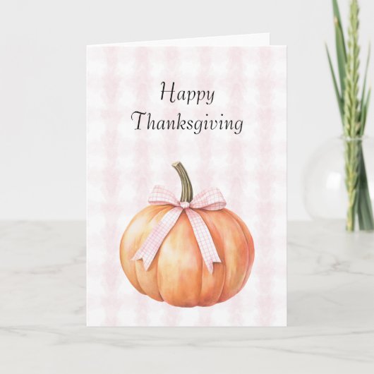 おしゃれなピンクの蝶結びのカボチャの格子縞のストライプ カード (正面)
