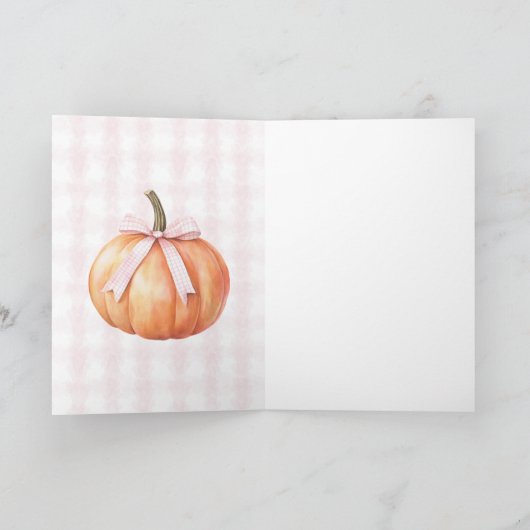 おしゃれなピンクの蝶結びのカボチャの格子縞のストライプ カード (内部)