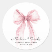 おしゃれなピンクの蝶結びの水彩画 ブライダルシャワーのお礼 ラウンドシール (正面)