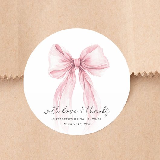 おしゃれなピンクの蝶結びの水彩画 ブライダルシャワーのお礼 ラウンドシール
