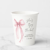 おしゃれなピンクの蝶結びの水彩画 ブライダルシャワー 紙コップ (正面)