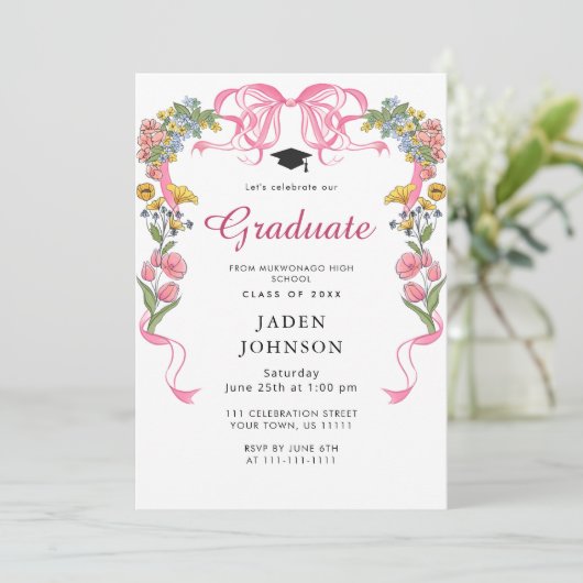 おしゃれなピンクの蝶結びリボン フォト 卒業パーティー 招待状 (スタンド正面)