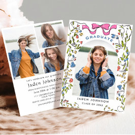 おしゃれなピンクの蝶結び コケッティ 4 枚の写真 卒業パーティー 招待状