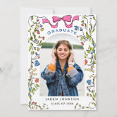 おしゃれなピンクの蝶結び コケッティ 4 枚の写真 卒業パーティー 招待状 (正面)