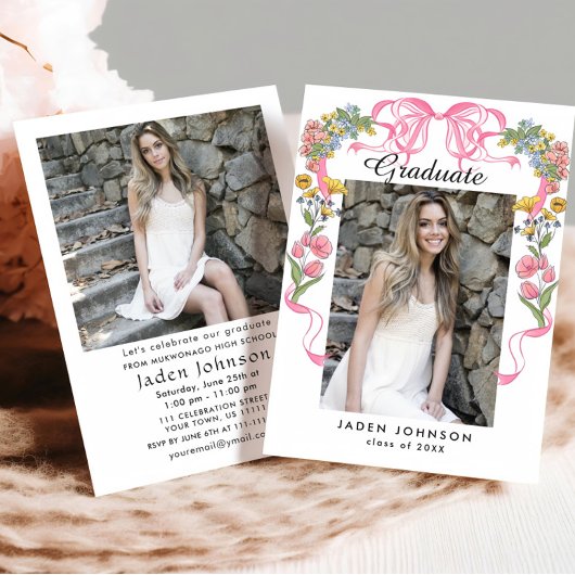 おしゃれなピンクの蝶結び コケッテ ィ 2枚の写真 卒業パーティー 招待状