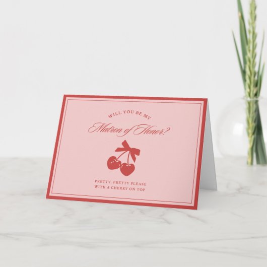 おしゃれなピンクの蝶結び チェリーのマトロン・オブ・オナー プロポーズカード サンキューカード (正面)