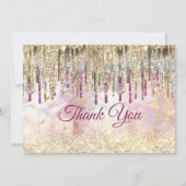 おしゃれなピンクゴールドのグリッターが垂れたモノグラム サンキューカード (正面)