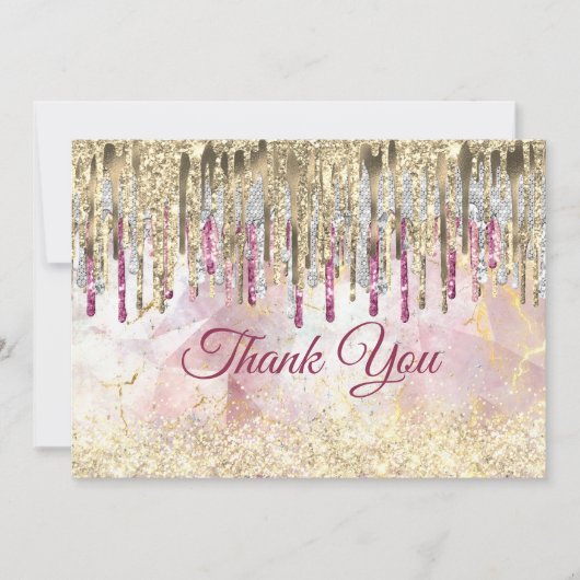 おしゃれなピンクゴールドのグリッターが垂れたモノグラム サンキューカード (正面)