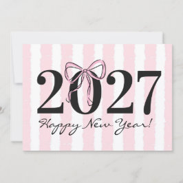 おしゃれなピンクストライプのリボン 2027年 年賀状 ノートカード