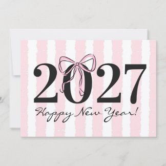 おしゃれなピンクストライプのリボン 2027年 年賀状 ノートカード