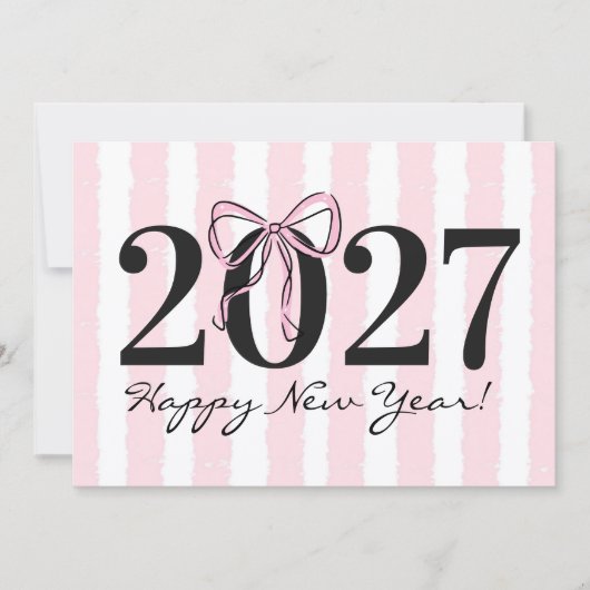 おしゃれなピンクストライプのリボン 2027年 年賀状 ノートカード (正面)