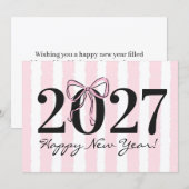 おしゃれなピンクストライプのリボン 2027年 年賀状 ノートカード (正面/裏面)