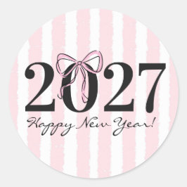おしゃれなピンクストライプのリボン 2027年 新年パーティー 可愛い ラウンドシール