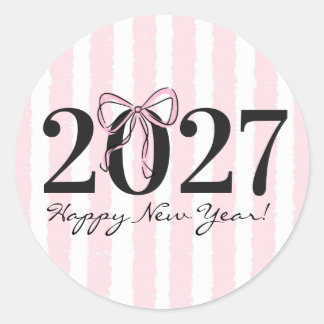 おしゃれなピンクストライプのリボン 2027年 新年パーティー 可愛い ラウンドシール