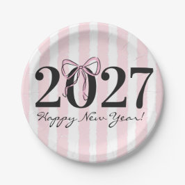 おしゃれなピンクストライプボウ 2027年新年パーティー ペーパープレート