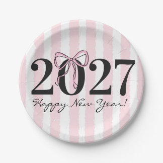 おしゃれなピンクストライプボウ 2027年新年パーティー ペーパープレート
