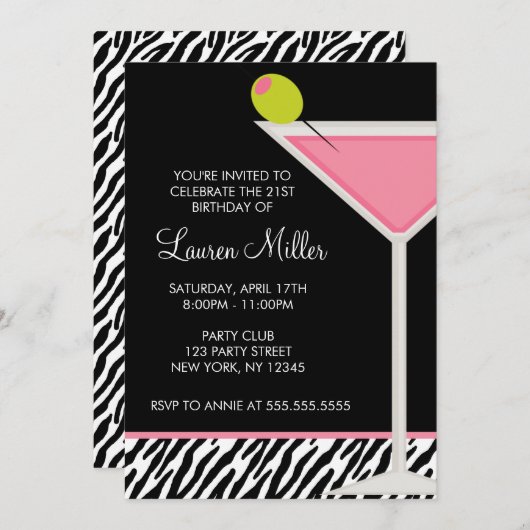 おしゃれなピンクマティーニグラス誕生日パーティー 招待状 (正面/裏面)