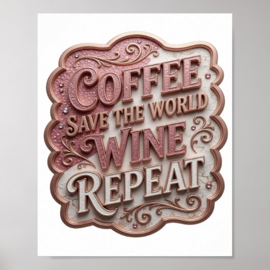 おしゃれなピンク COFFEE SAVE THE WORLD WINE REPEAT ポスター (正面)