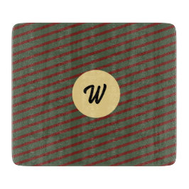 おしゃれなフォレストグリーン & バーガンディ ストライプのモノグラム カッティングボード