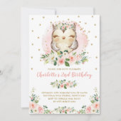 おしゃれなフクロウの桃色ゴールド花の女の子の誕生日 招待状 (正面)