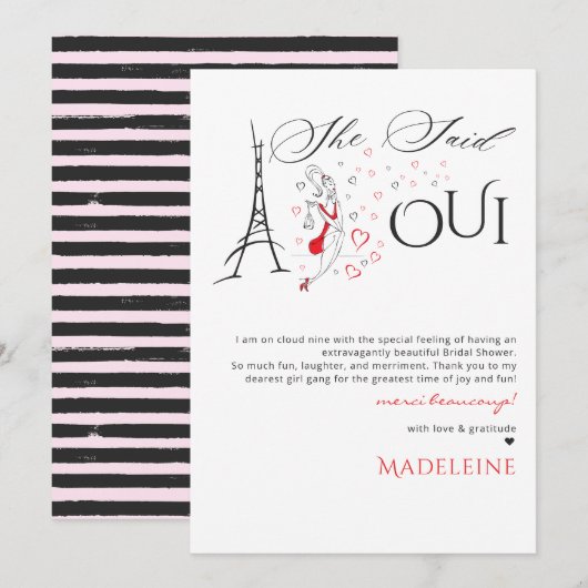 おしゃれなフランスのパリスタイル シェ セッド オイ ブライダルシャワー サンキューカード (正面/裏面)