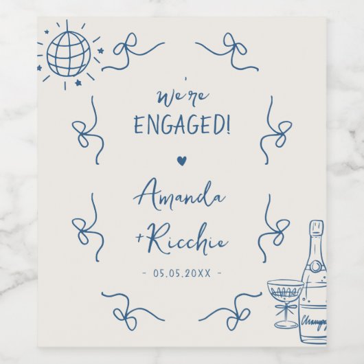 おしゃれなフランスのヴィンテージ風の whimsical なリボンエンゲージメントパーティー ワインラベル (シングルラベル)