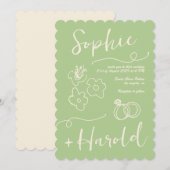 おしゃれなフランスの落書き花 Retro フランスのウェディング 招待状 (正面/裏面)
