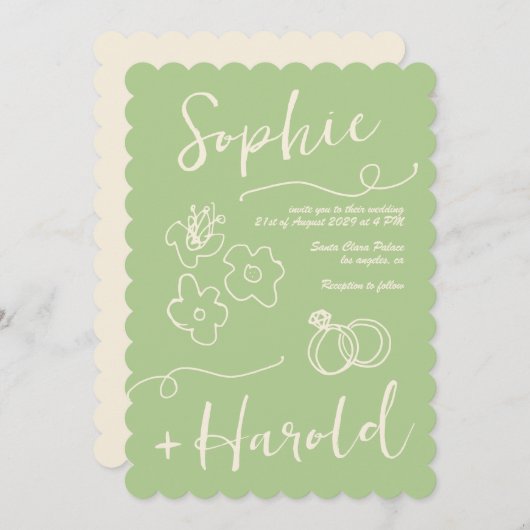 おしゃれなフランスの落書き花 Retro フランスのウェディング 招待状 (正面/裏面)