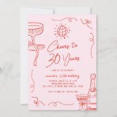 おしゃれなフランス風手描きピンクと赤の30歳誕生日 招待状 (正面)