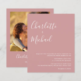 おしゃれなブッジェット スクリプト ダスティ ローズ フォト ウェディング 招待状