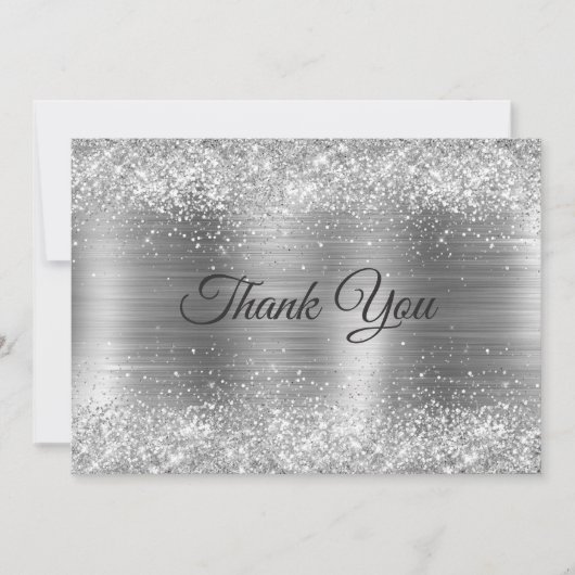 おしゃれなブラシ仕上げのメタリックシルバー疑似グリッター サンキューカード (正面)