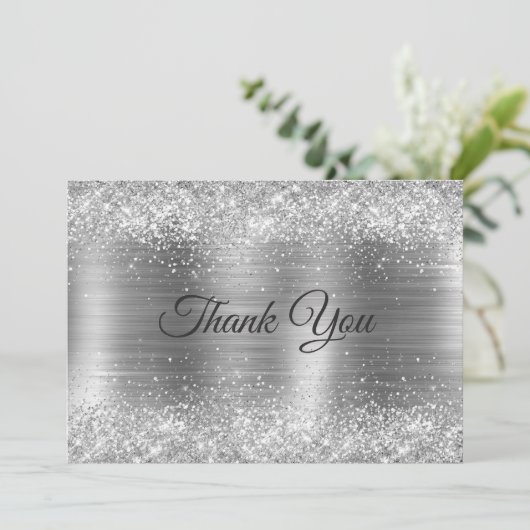 おしゃれなブラシ仕上げのメタリックシルバー疑似グリッター サンキューカード (スタンド正面)