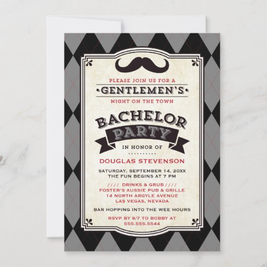 おしゃれなブラックとグレーのアーガイル バチェラーパーティー 招待状 (正面)