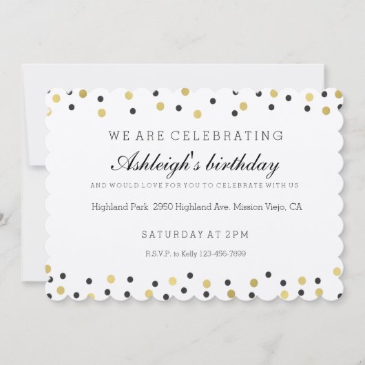 おしゃれなブラックとゴールドのコンフェッティ誕生日 招待状 (正面)