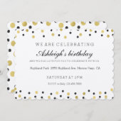 おしゃれなブラックとゴールドのコンフェッティ誕生日 招待状 (正面/裏面)