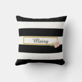 おしゃれなブラックアンドホワイトストライプ ゴールドフラワーピロー クッション (裏面)