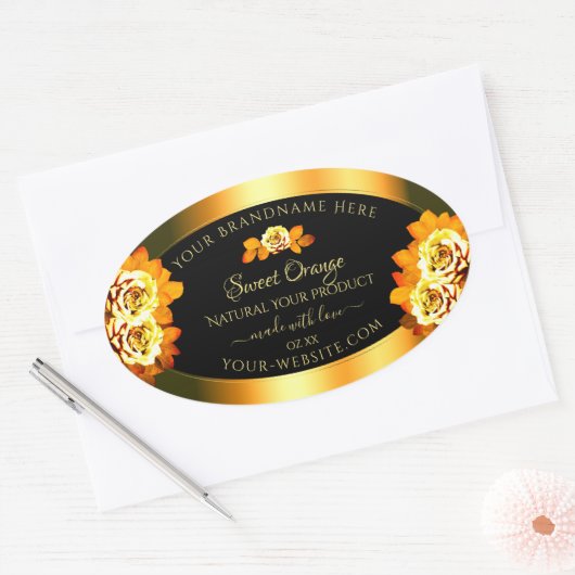おしゃれなブラックオレンジ製品ラベル 開花するバラ 楕円形シール (封筒)