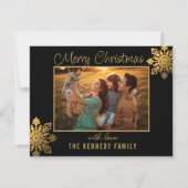 おしゃれなブラックゴールドの雪の結晶が輝くクリスマスの写真 ノートカード (正面)