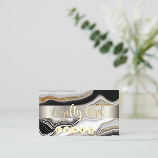 おしゃれなブラックゴールド大理石ストライプ ロイヤリティカード (スタンド正面)