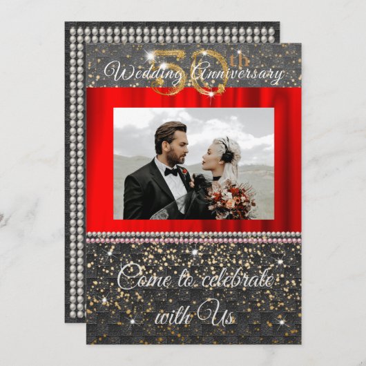 おしゃれなブラックゴールド＆パール 50周年結婚記念日 招待状 (正面/裏面)