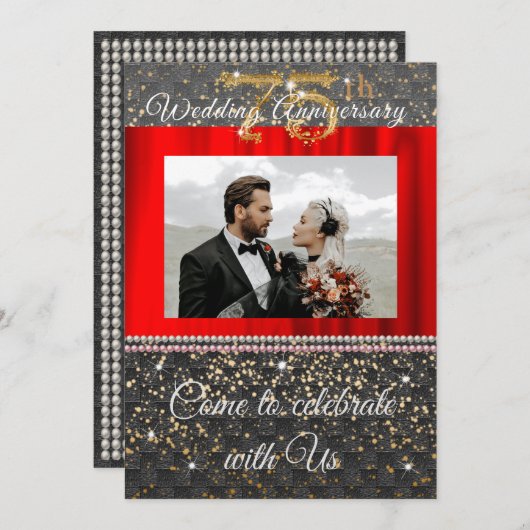 おしゃれなブラックゴールド&パール 75周年結婚記念日 招待状 (正面/裏面)