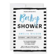 おしゃれなブラックストライプの青いベビーシャワーの招待状