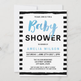 おしゃれなブラックストライプの青いベビーシャワーの招待状 招待状