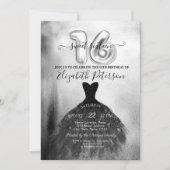 おしゃれなブラックドレス シルバーコンフェッティ スイート16 招待状 (正面)