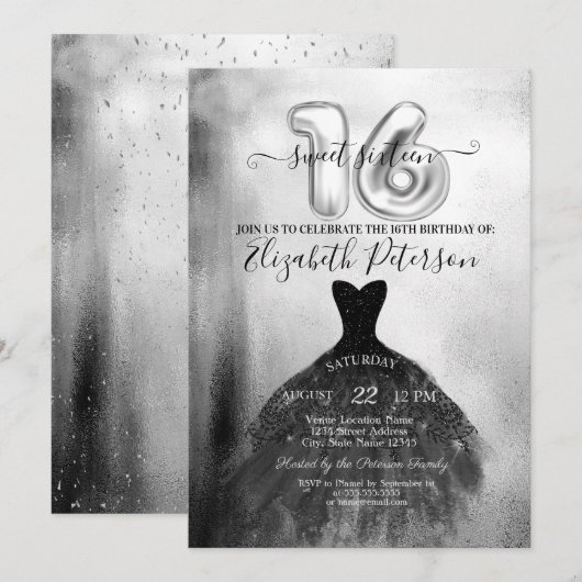 おしゃれなブラックドレス シルバーコンフェッティ スイート16 招待状 (正面/裏面)