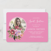 おしゃれなブラックピンクの花柄テーマの写真付きスイート16 招待状 (正面)