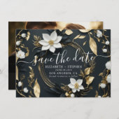 おしゃれなブラックホワイトゴールドの花輪 ウェディングフォト セーブザデート (正面/裏面)